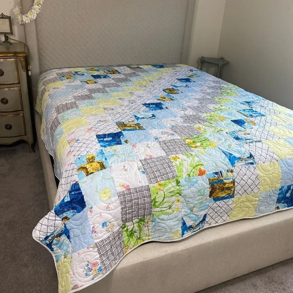 Handmade patchwork quilt with Starwars , gingham, floral , butterflies Queen